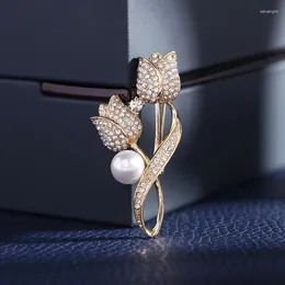 Brooches Elegant Shiny Rhinestone Tulip Flower For Women Men Clothes Suit Pearl Pins Luxury Jewelry Sets Accessories