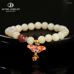 Strand JD Natural Stone Chinese Hetian Jade Metal Butterfly Pendant Bracelet Women Luxury Stretch Bangles Yoga Lucky Jewellery