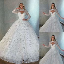 Mermaid High-Neck Sexy Long-Sleeves Gowns Custom Bridal Made Squined Race Floor Length 웨딩 드레스 코트 트레인 Satin Ruched Tulle Beach resido de Noiva