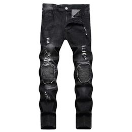 Men's Jeans Men Motorcycle Biker Jeans Stylish Ripped Distressed Skinny Pencil Jeans Pants Holes Patch Slim Long Jeans Male Denim Trousers Y240507