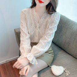 Women's Blouses Elegant Apricot Blouse Long Flare Sleeve Button Clothes Women Tops 2024 Autumn French Style V-neck Lace Shirt Blusas 29523