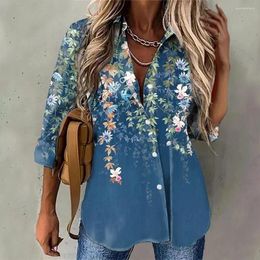 Women's Blouses Elegant Shirts & Blue Purplegreen Flower Print Button Long Sleeve Casual Shirt Fit Summer Female Clothing