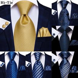 Bow Ties Hi-Tie Yellow Gold Solid 63inch Silk Mens Extra Long For Men Woven Classic 160cm Necktie Pocket Square Set Cufflinks