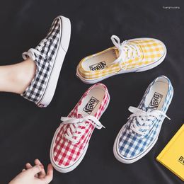 Fitness Shoes 2024 Summer Plaid Canvas Women's Low-Top Flat Fashion Korean-Style Casual Students Check Sneakers Lace Up Flats
