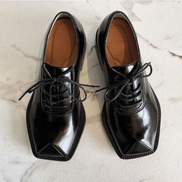 Casual Shoes Fashion Black Leather Women And Men Platform Derby Horn Square Toe High Quality Flat