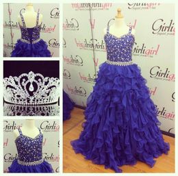 2021 Girls Pageant Dresses Royal Blue Size with Lace Up and Ruffled Skirt Real Pictures Layers Chiffon Little Girls Party Gowns Cu6216512