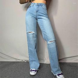 Women's Jeans Ripped Women Loose Straight Fashion Hole High Waist Denim Pants 2024 Casual Tassel Wide Legs Mom Trouser