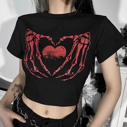 Women's Black Street Cyberpunk Subcultural Top Street Love Skull Print BM Style Dance Spicy Girl Open Navel Short T-shirt Women