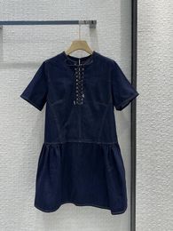 Bow tie loose denim dress 2024 New Spring Summer O Neck Short Sleeve Fashion Designer Dresses Brand Same Style Dress 0508-4