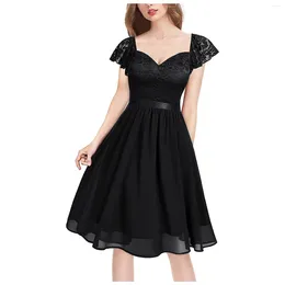 Casual Dresses V-Neck Swng Lace Cocktail Dress Women Summer Cap Sleeve Vintage High Waist A-Line Elegant Solid Backless Party