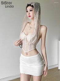 Women's Tanks Featured Headscarf Design Suspender Top Mesh With Low Cut Belly Button Exposed And Back Sexy