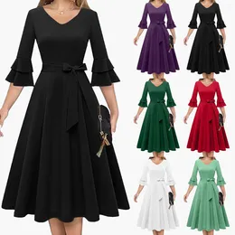 Casual Dresses Elegant Women's Cocktail Party Dress V Neck Double Flared Sleeve Formal Solid Colour Summer Belt Waist Pleated Robe