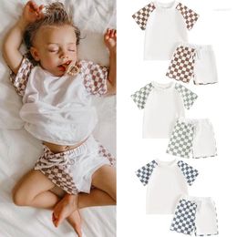 Clothing Sets FOCUSNORM 0-4Y Toddler Kids Boys Girls Clothes Set Plaid Print Patchwork Short Sleeve T-shirt With Elastic Waist Shorts