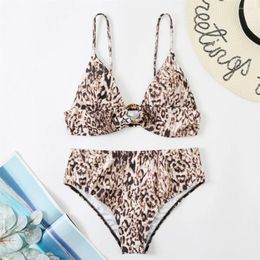 Women's Swimwear High Waist Bikini Rings Sexy Leopard Print Triangle Swimsuit Thong Tropical Vacation Women Brazilian Beach Bathing Suit