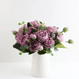 Decorative Flowers 30cm Rose Silk Peony Artificial Bouquet 5 Big Head And 4 Bud Fake For Home Wedding Decoration Indoor