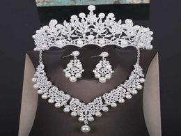 High Quality Wedding Crown Bridal Head Piece Pearl Tiara Jewellery Women Hair Accessories Set Silver Headpiece Big Pageant Crown CJ11705814