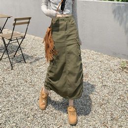 Skirts Harajuku Slit Cargo Long Y2K High Waist Maxi Skirt Women's Ankle-Length Cowboy 2000s ArmyGreen Retro