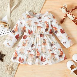 Girl's Dresses pt Baby Girl All Over Forest Animals Printed Long sleeved DressL240508