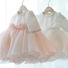 Christening dresses Long sleeved baby dress bead bow princess baptismal 1st birthday party wedding Christmas costume Q240507