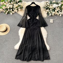 Casual Dresses High Quality Sequin Lace Dress For Female Vintage Luxurious Exquisite Unique Flared Sleeves Waistband Fishtail Long Prom