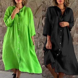 Basic Casual Dresses Women Causal Cotton Linen Dress Fashion Loose Button Up Long Slve Shirt Dresses Vintage Solid Beach Party Pockets Dress Robe T240505