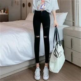 Women's Jeans Hole Black High Waist Pencil Pants 2024 Autumn Spring Summer Ankle-Length Female Tight-Fitting Denim Pant Femme