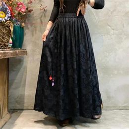 Ethnic Clothing 2024 Traditional Chinese Vintage Skirt National Satin Jacquard A-line Retro Elastic Waist Oriental Folk Long