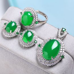 Antique Jade Diamond Jewellery set 925 Sterling Silver Engagement Wedding Rings Earrings Necklace For Women Bridal Party Jewellery
