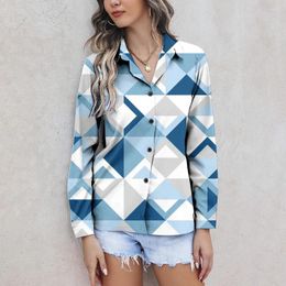 Women's Blouses Shirts & Blue 3D Geometric Block Printing Button Long Sleeve Shirt Fit 2024 Summer Female Clothing Tops