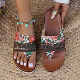 Slippers Summer Shoes For Women 2024 Large Size Flat Flower Flip Flops Women'S Outer Wear Printed Beach Sandals Lady Zapatos Mujer