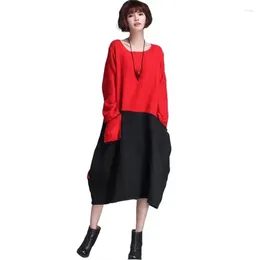 Casual Dresses 2024 Autumn Fashion Red Black Patchwork Cotton Linen Long Sleeve Dress Loose Plus Size Women Vintage Robe Femme