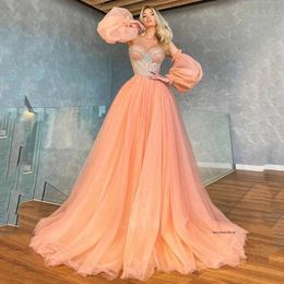 Pink Ball Gown Prom Dresses Princess Beads V Neck Long Sleeve Strapless Puff Tulle Lace Appliques Party Gowns Plus Size Custom Made 0508