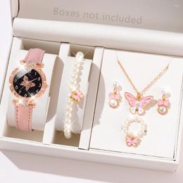 Wristwatches 6PCS/Set Women's Elegant Butterfly Quartz Watch PU Leather Wrist Arabic Numeral Surface & Pearl Jewelry Set