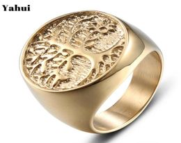 European And American Fashion Golden Tree Of Life Titanium Steel Ring Personality Men Women Punk Love Engagement Jewelr Band Rings5930619