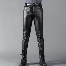 Mens Leather Pants Skinny Fit Elastic Fashion PU Leather Bikers Trousers Nightclub Party Dance Pants Thin 240424