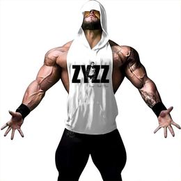 Men's Tank Tops Gym Outdoor Hooded Vest Tops Summer Gym Adult Mens Fashion Tops White hooded vest 2D letter print tops Quick dry Y240507