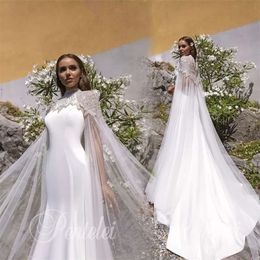 Dresses With Beach Wrap Sequins Wedding High-Neck Beads Appliqued Bridal Gown Ruched Satin Custom Made Vestidos De Novia