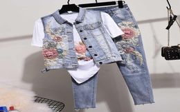 Denim Jeans Pants Set Women Two Piece Sets 2020 Spring Autumn New Studded Beaded Embroidered Vest Jeans Suit Waistcoat and9280651