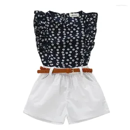 Clothing Sets Summer Children Clothes Set Floral Print Sleeveless Blouse Solid Shorts With Belt Girls Casual Outing Suits Kids Travel