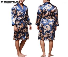 INCERUN Fashion Satin Silk Pyjamas Mens Robe Long Sleeves Bathrobe Lucky Chinese Dragon Print Gown Bathrobe Sleepwear Lounge112428269