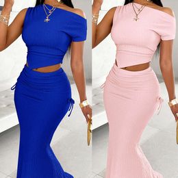 Summer Women's Clothing New Product Solid Colour Single Shoulder Top with Waist Cinched Pleated Long Skirt Set F5838