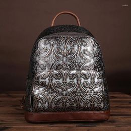 School Bags Genuine Leather Backpack Rucksack For Women Luxury Designer Travel Real Cowhide Embossed Knapsack Student Book Bag Daypack