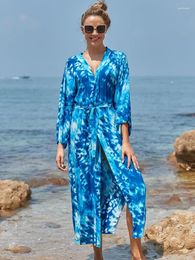 Blue Print Kimono Beach Dress Sarongs Cover-ups Swimwear Pareo Tunic Bathing Suit Saida De Praia Bikini Cover Up Q1169