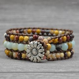 Charm Bracelets Unique Natural Jasper Stone Bracelet Gemstone Wrap Leather Healing For Women Men