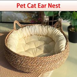 Cat Beds Furniture Four Seasons Cat Bed Woven Removable Upholstery Sleeping House Cat Scratch Floor Rattan Washable Cats Pet Products Accessories d240508