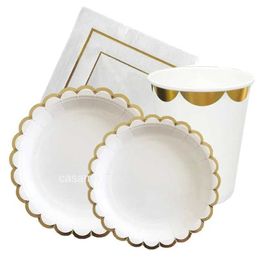 Disposable Dinnerware Gold thread disposable tableware paper napkins cups knives forks spoons table cloth board decoration Q240507