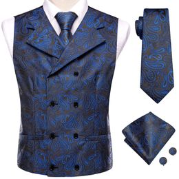 Navy Blue Black Mens Vest Silk Lapel Paisley Jacquard Waistcoat Jacket NeckTie Hanky Cufflinks for Men Business Party HiTie 240507