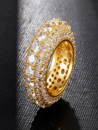 18 k Real Gold Plated Round Diamond Rings Iced Out Cubic Zircon CZ Round Weeding Hip Hop Band Rings6669963