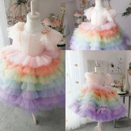 Newest Ball Gown Flower Girl Jewel Neck Short Sleeve Tulle Lace Pearls Tiers Wedding Dress Floor Length Girl's Birthday Part 0431