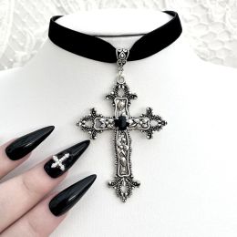 Necklaces Vintage Gothic Large Cross Black Velvet Choker Ornate Cross Black Velvet Grunge Choker Gift for Her